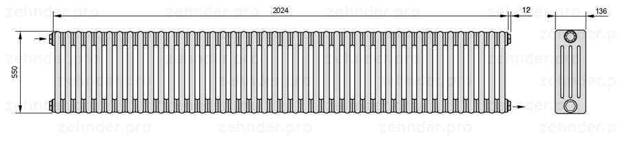 Схема (чертеж) Радиатор Zehnder Charleston 4055/44 №1670 Белый глянцевый RAL 9016